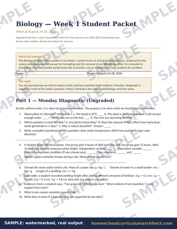Sample page: Biology Week 1 Student Packet, watermarked